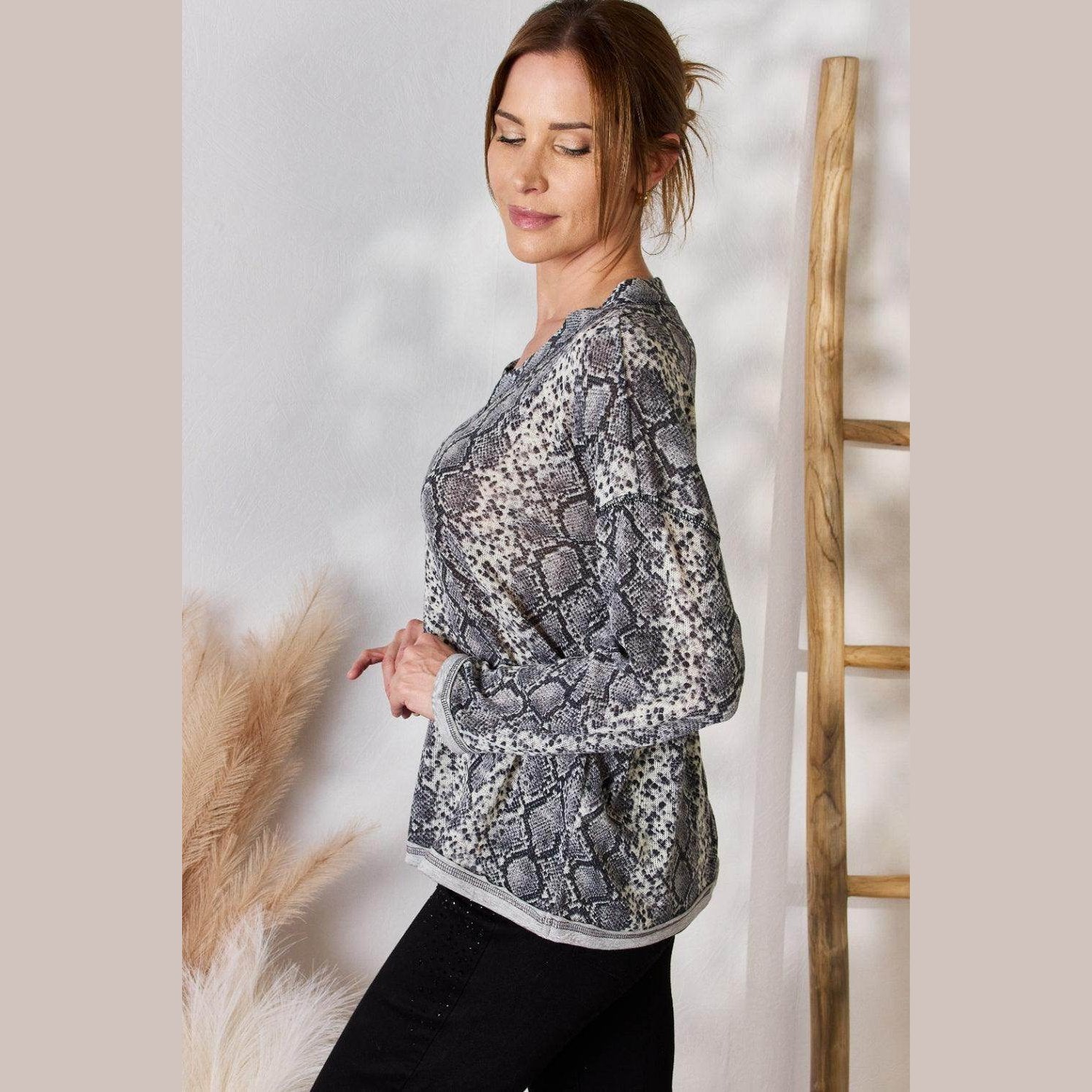 Hailey & Co Full Size Snakeskin V-Neck Long Sleeve Top - VacationGrabs