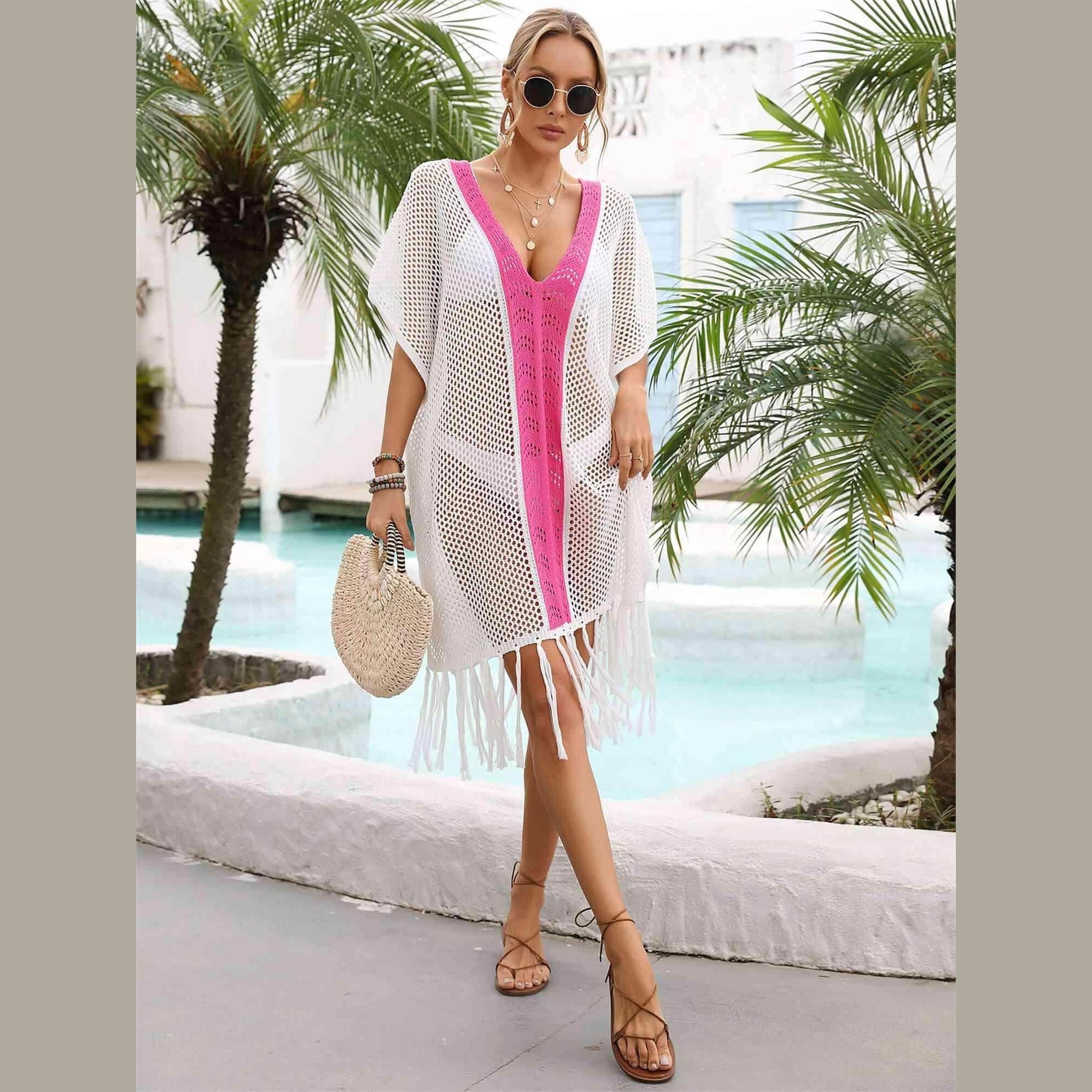 Contrast Fringe Trim Openwork Cover-Up Dress - VacationGrabs