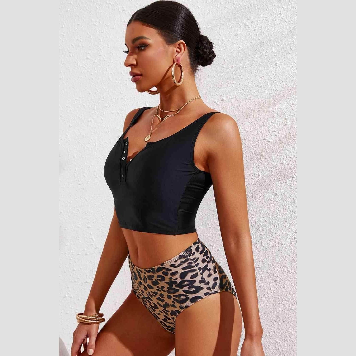 Half Snap Square Neck Tankini Set - VacationGrabs