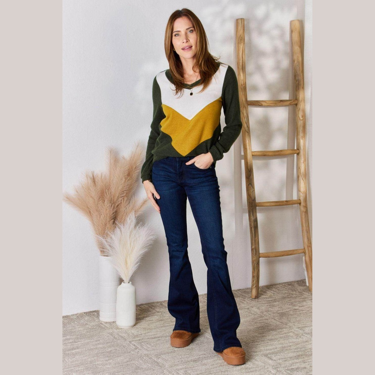 Hailey & Co Full Size Colorblock V-Neck Blouse - VacationGrabs