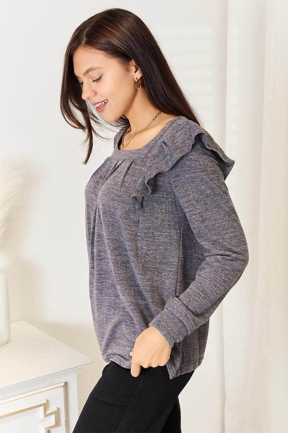Double Take Square Neck Ruffle Shoulder Long Sleeve T-Shirt - VacationGrabs