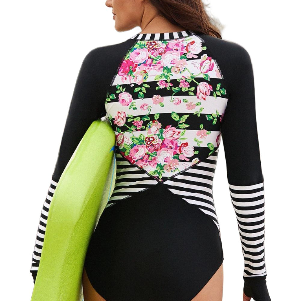 Women's Swimwear - 1PC Floral Striped Patchwork Rashguard One-piece