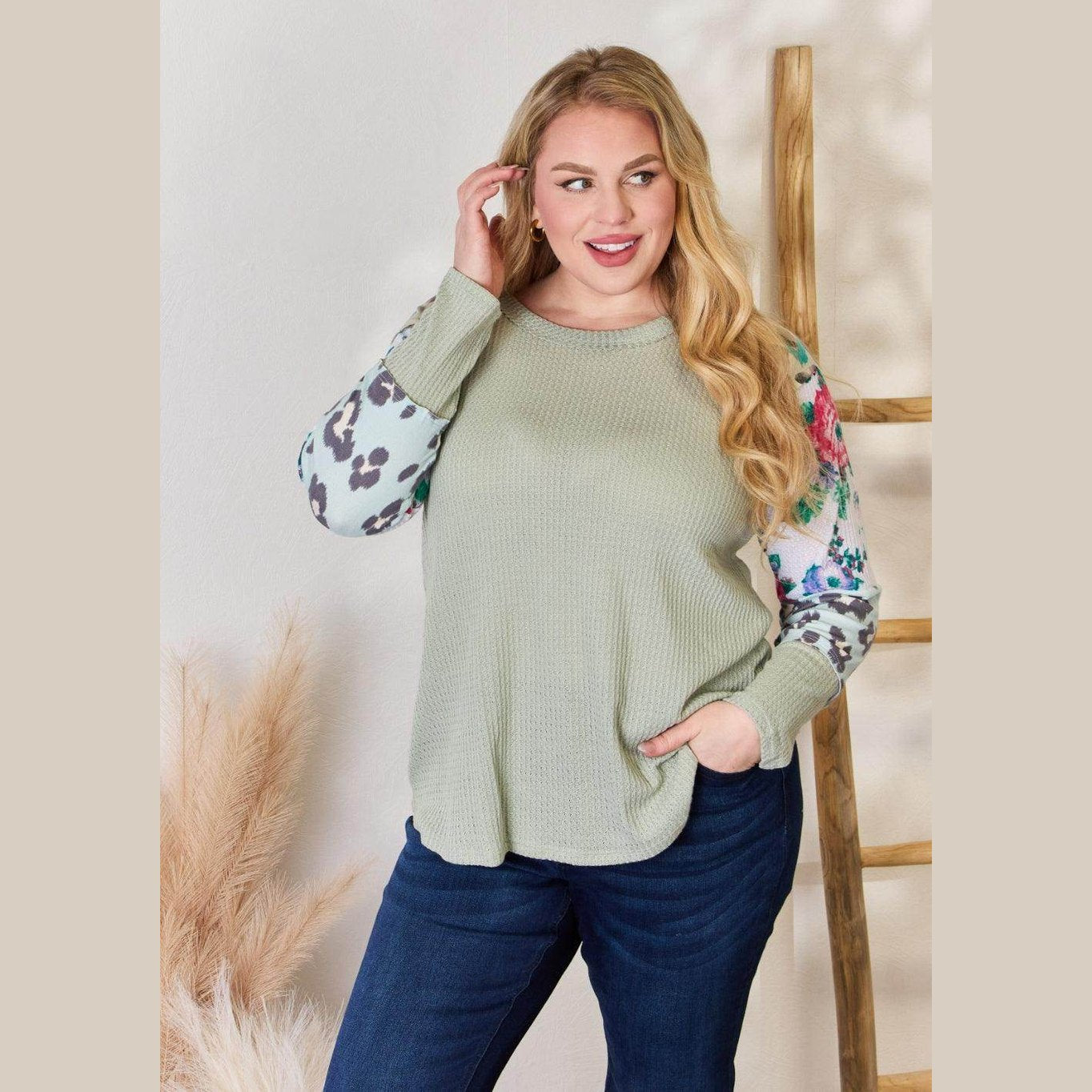 Hailey & Co Full Size Printed Round Neck Blouse - VacationGrabs