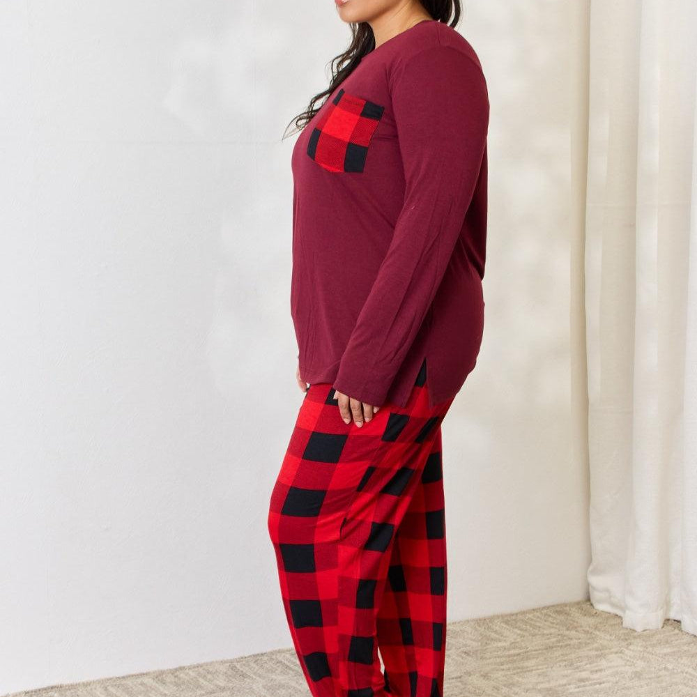 Women's Shirts Zenana Full Size Plaid Round Neck Top and Pants Pajama Set