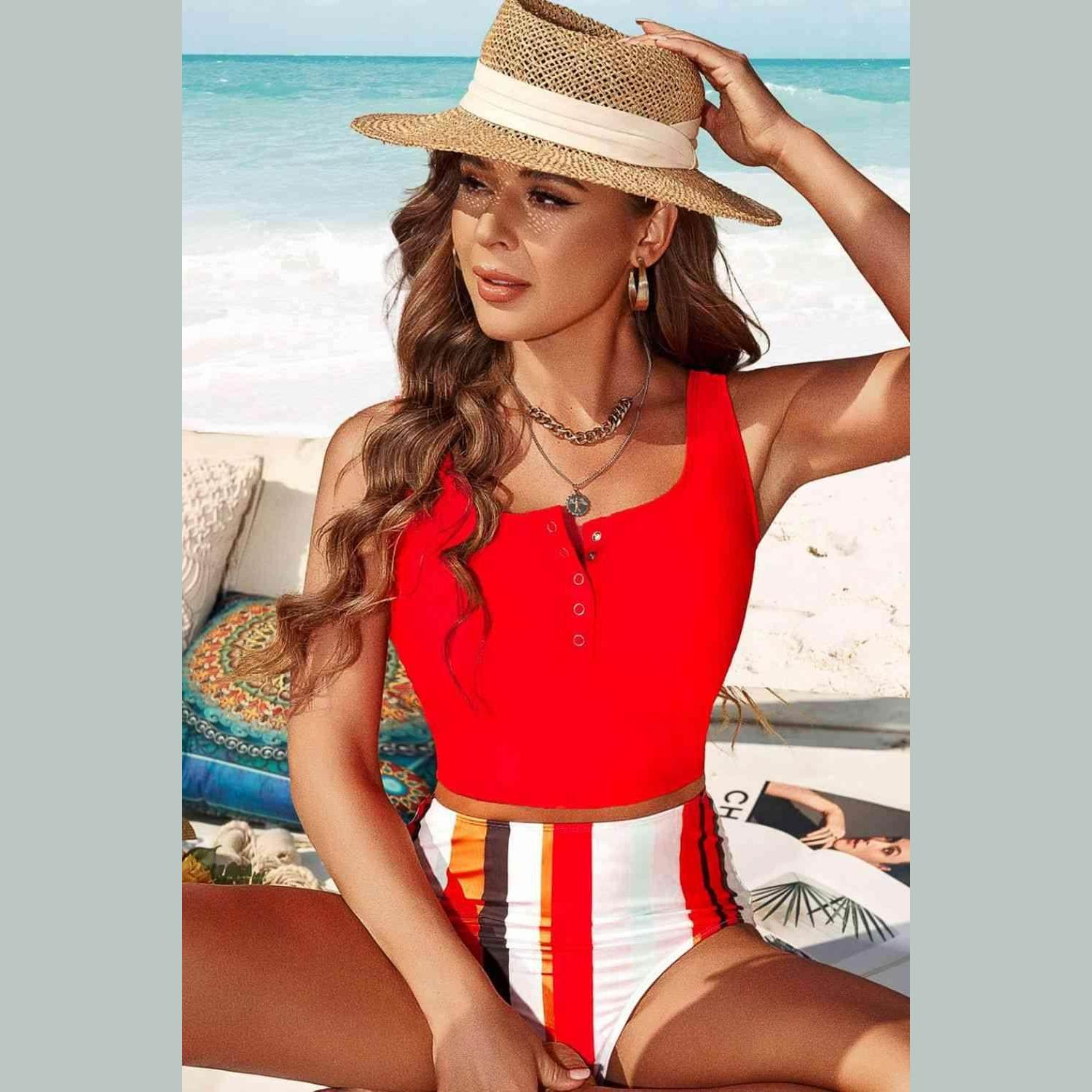 Half Snap Square Neck Tankini Set - VacationGrabs