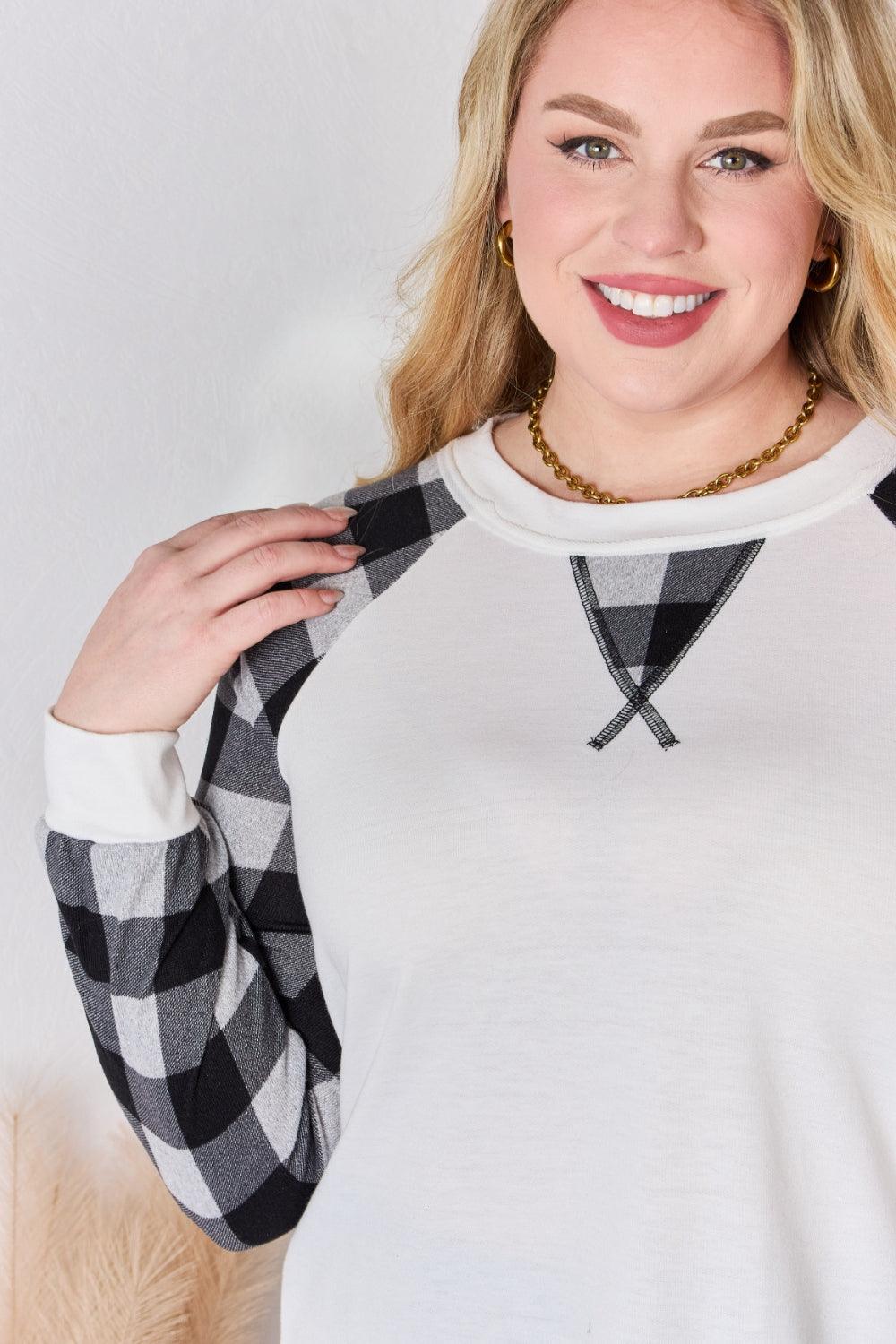 Women's Shirts Hailey & Co Full Size Plaid Raglan Sleeve Round Neck Blouse