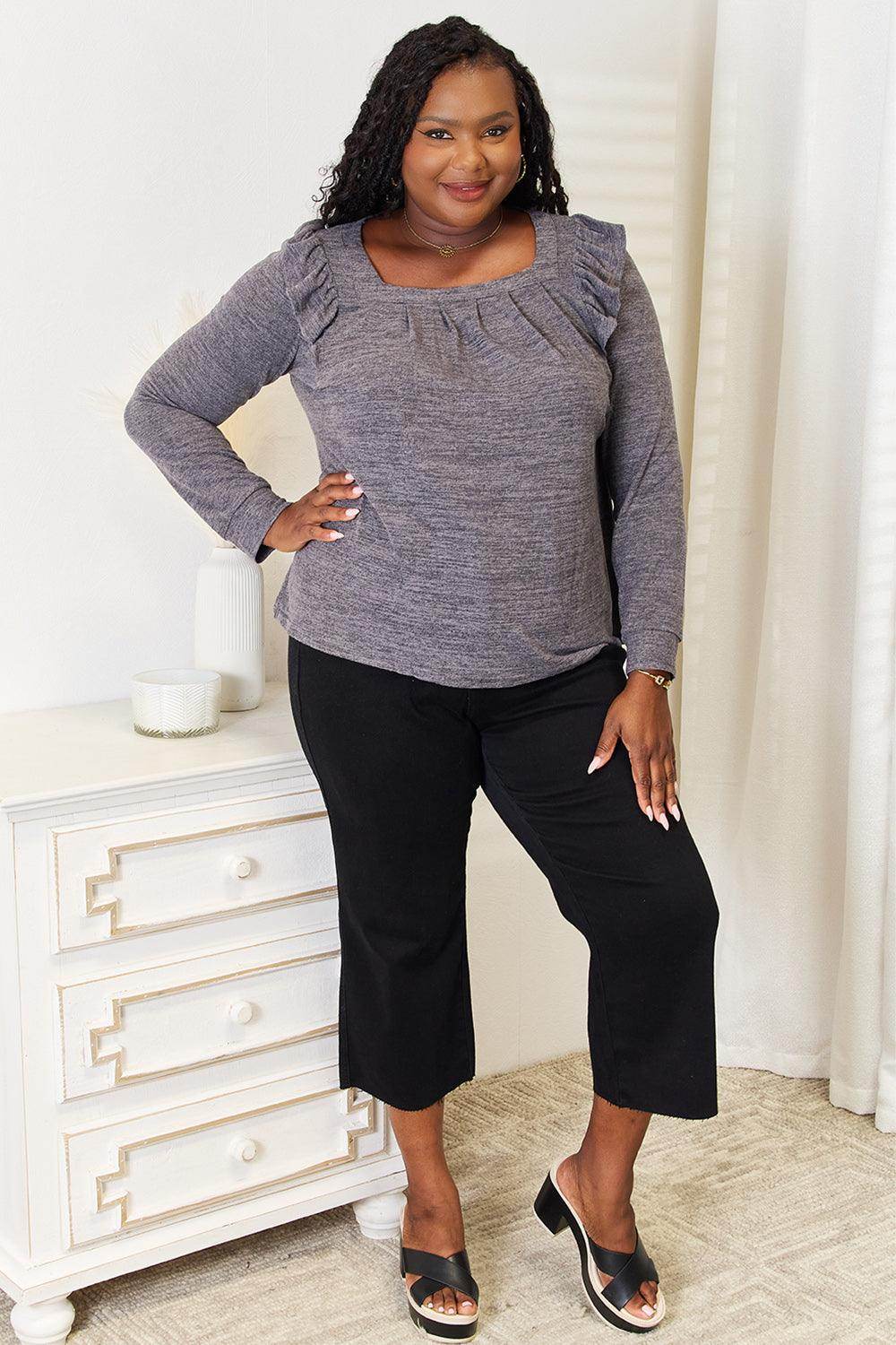 Double Take Square Neck Ruffle Shoulder Long Sleeve T-Shirt - VacationGrabs