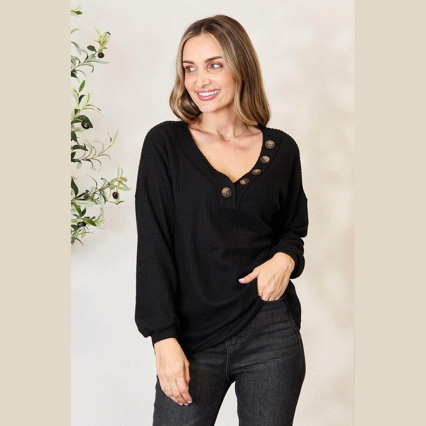 Zenana Buttoned Long Sleeve Blouse - VacationGrabs