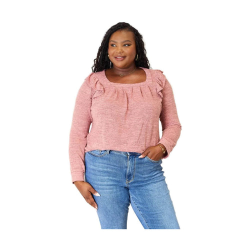 Double Take Square Neck Ruffle Shoulder Long Sleeve T-Shirt - VacationGrabs