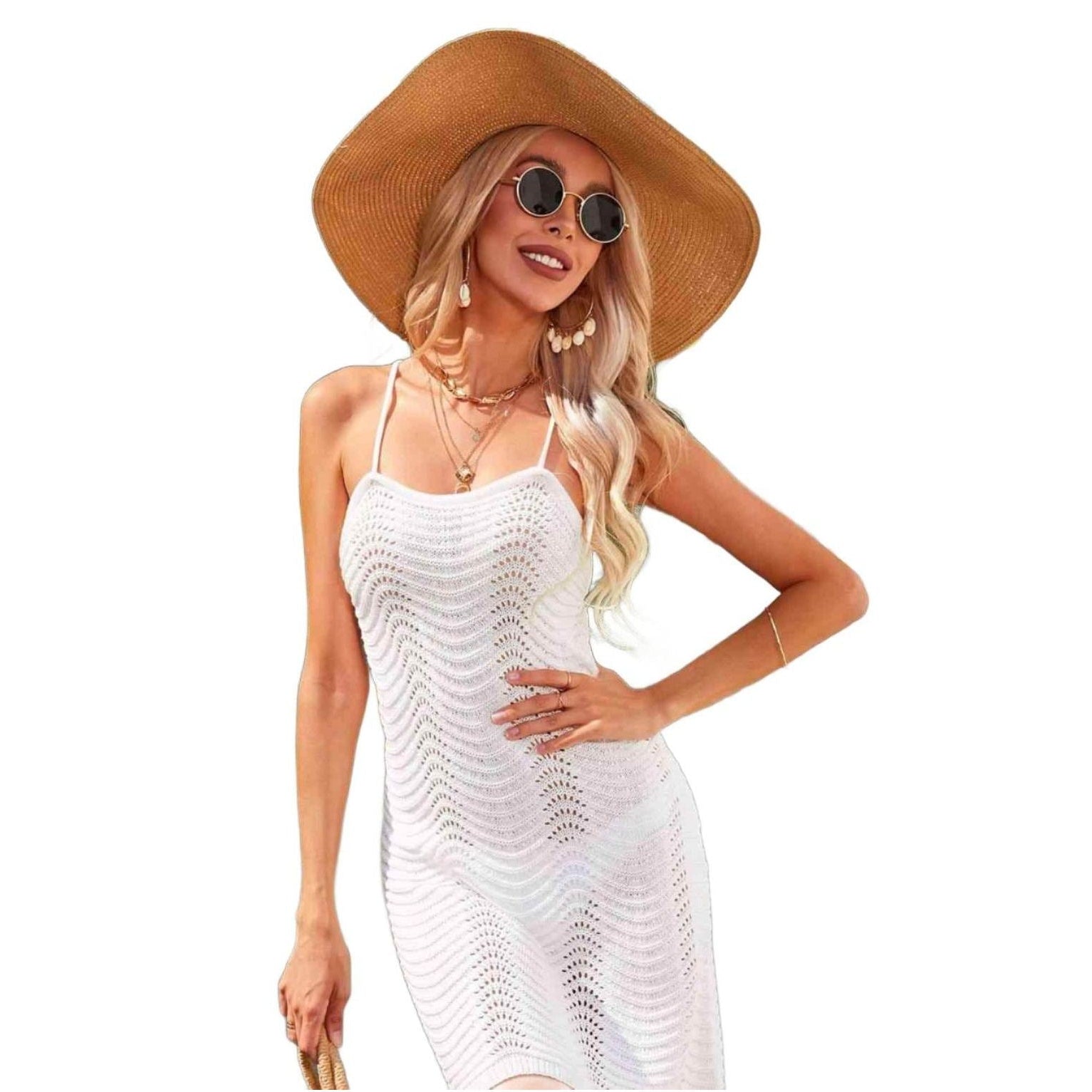 Crisscross Halter Neck Openwork Cover-Up Dress - VacationGrabs