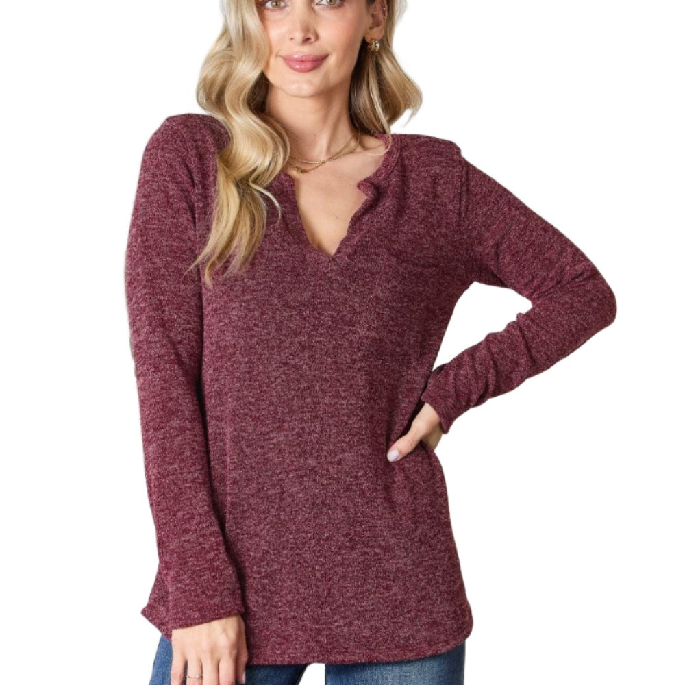 Women's Shirts Heimish Full Size Notched Long Sleeve Top
