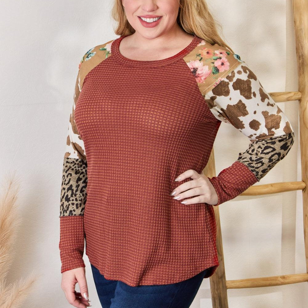 Women's Shirts Hailey & Co Full Size Leopard Waffle-Knit Blouse