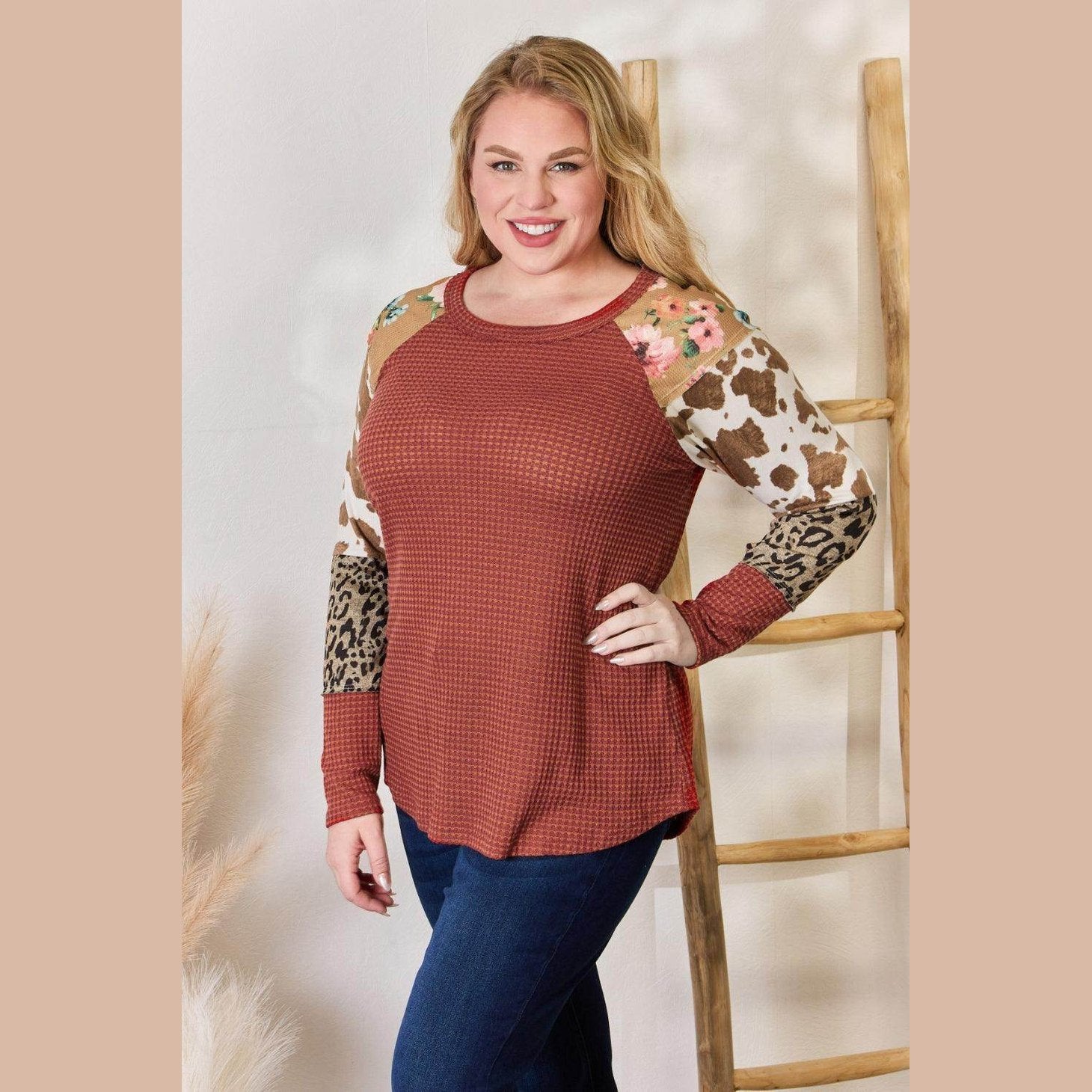 Hailey & Co Full Size Leopard Waffle-Knit Blouse - VacationGrabs