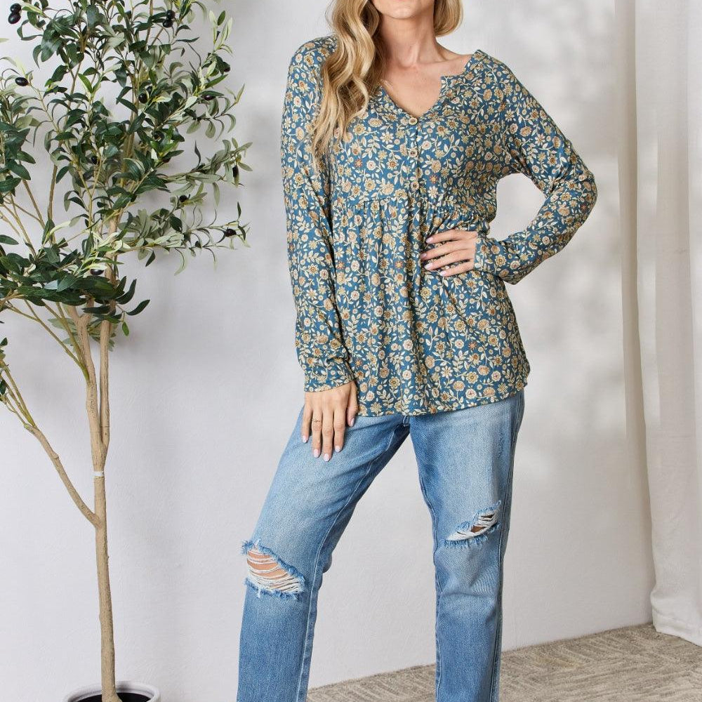 Women's Shirts Heimish Full Size Floral Half Button Long Sleeve Blouse