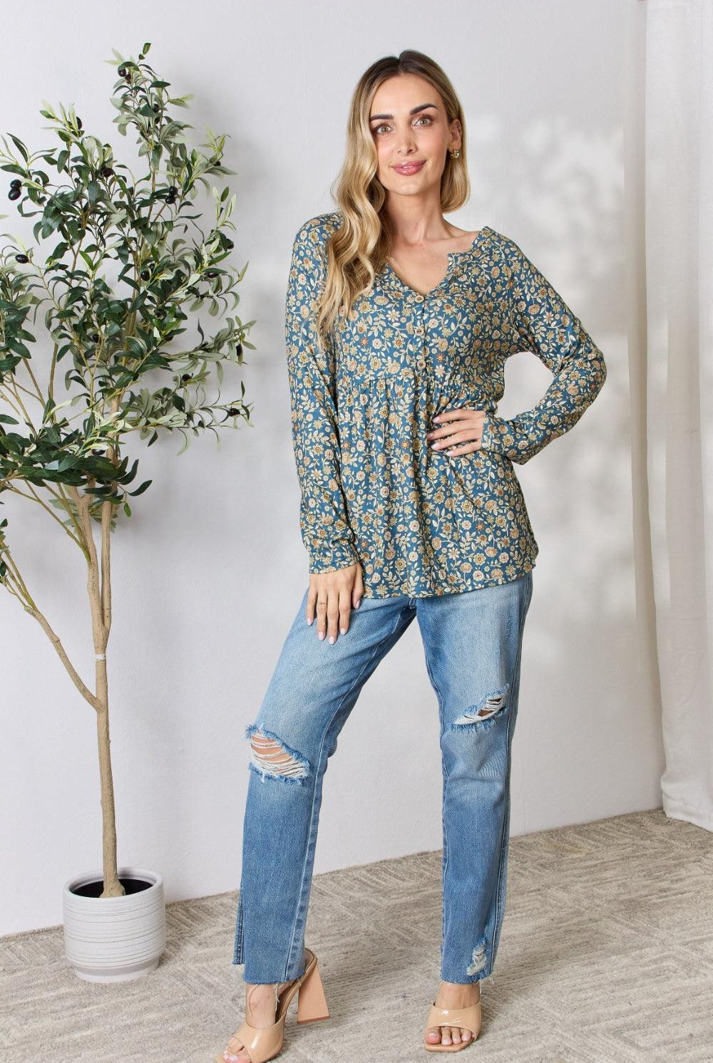 Women's Shirts Heimish Full Size Floral Half Button Long Sleeve Blouse