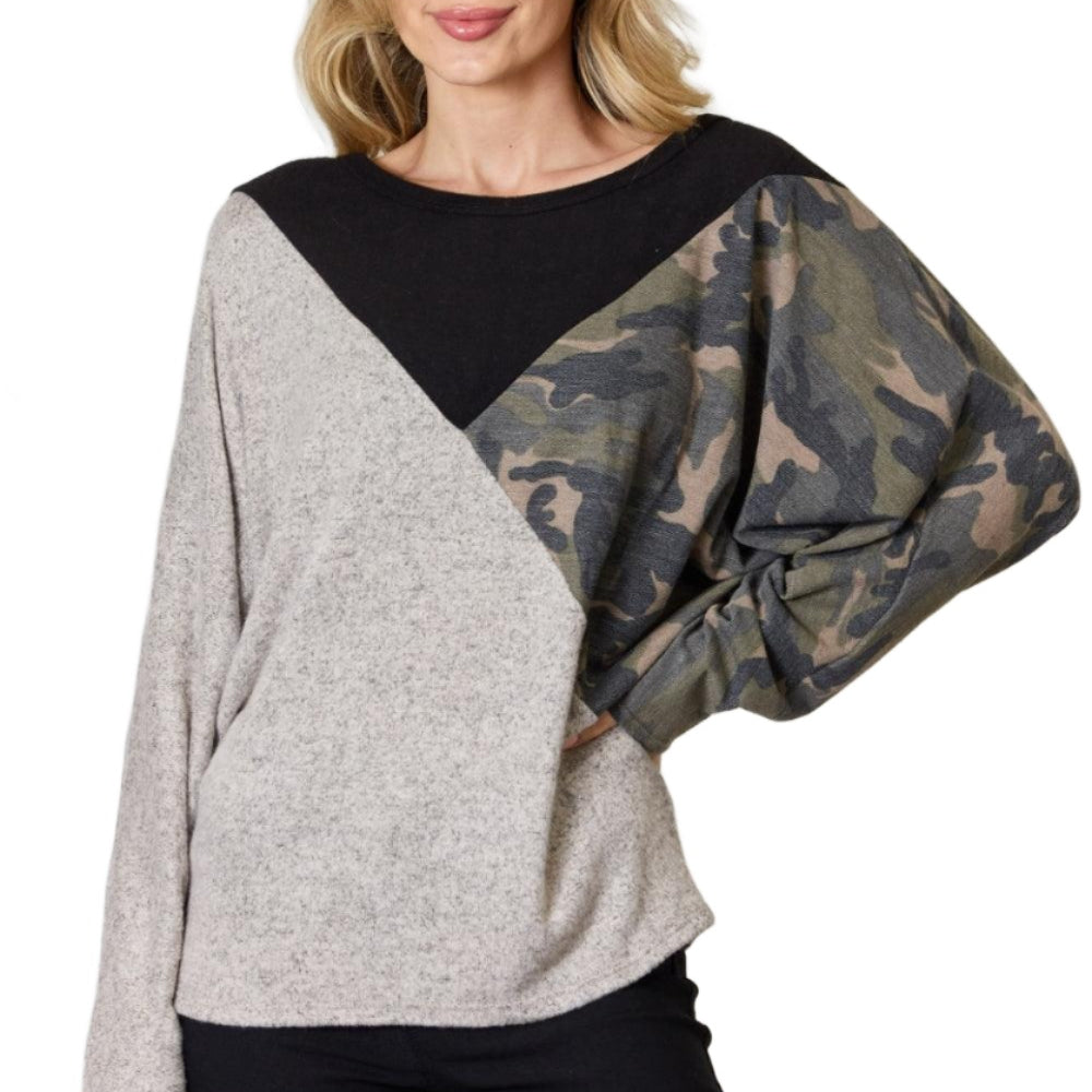 Women's Shirts BiBi Brushed Hacci Color Block Long Sleeve Top