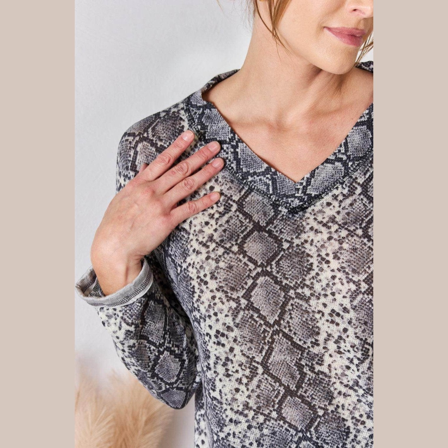 Hailey & Co Full Size Snakeskin V-Neck Long Sleeve Top - VacationGrabs