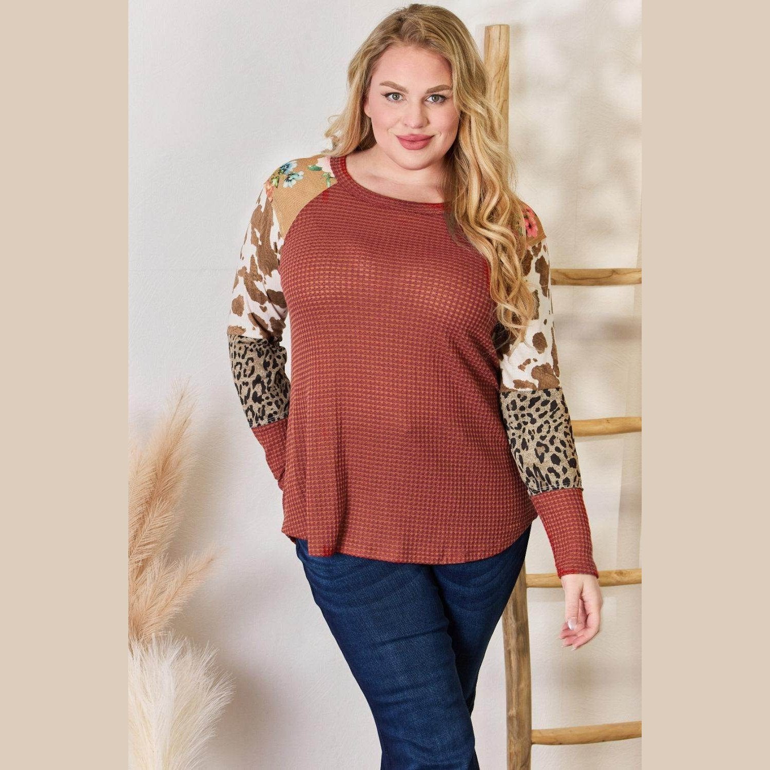 Hailey & Co Full Size Leopard Waffle-Knit Blouse - VacationGrabs