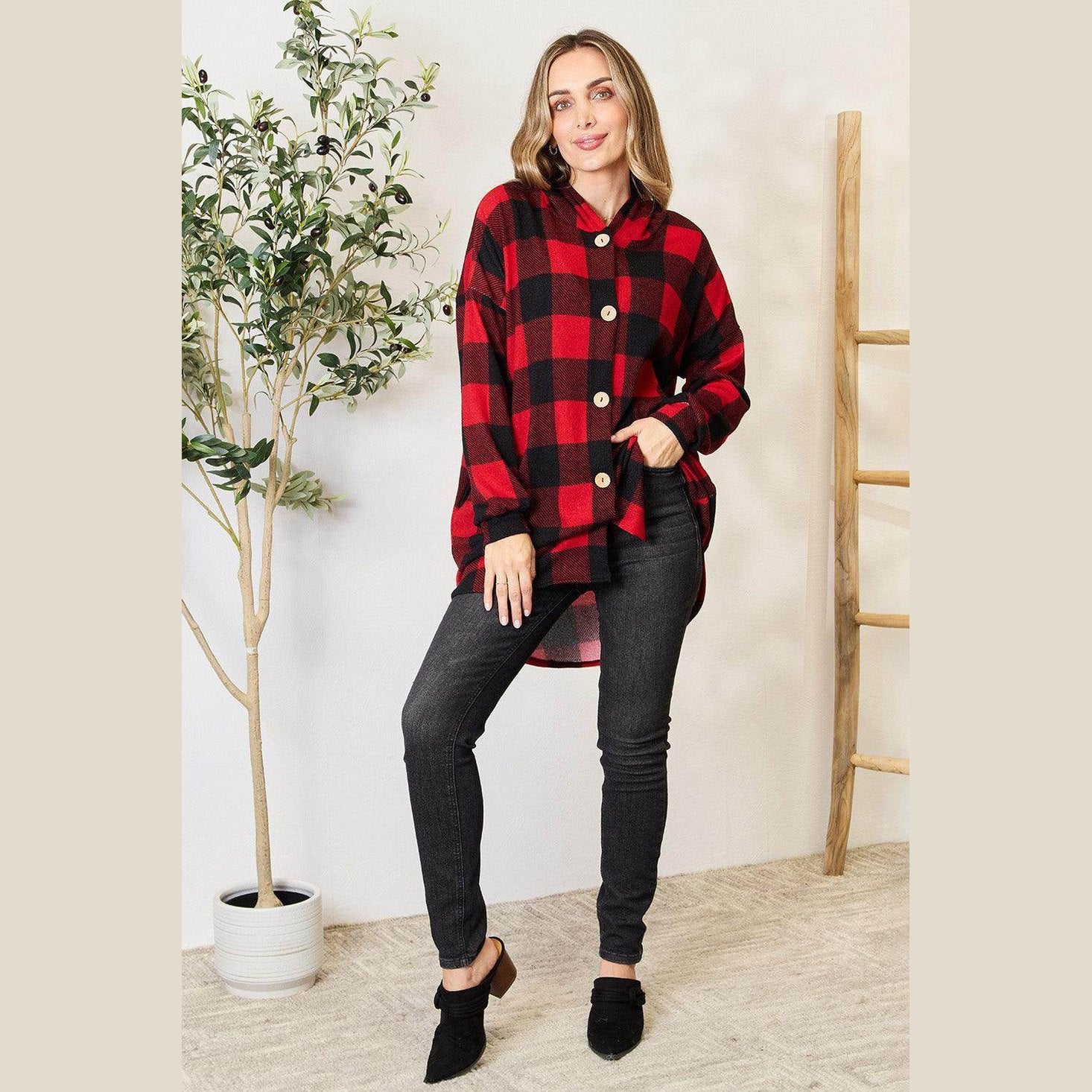 Heimish Full Size Plaid Button Front Hooded Shirt - VacationGrabs