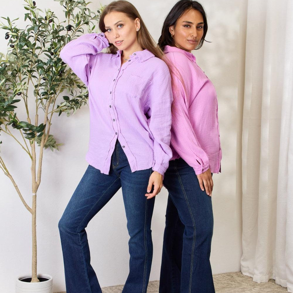 Women's Shirts Zenana Full Size Texture Button Up Raw Hem Long Sleeve Shirt