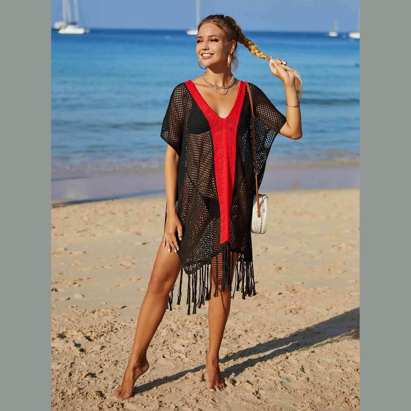 Contrast Fringe Trim Openwork Cover-Up Dress - VacationGrabs