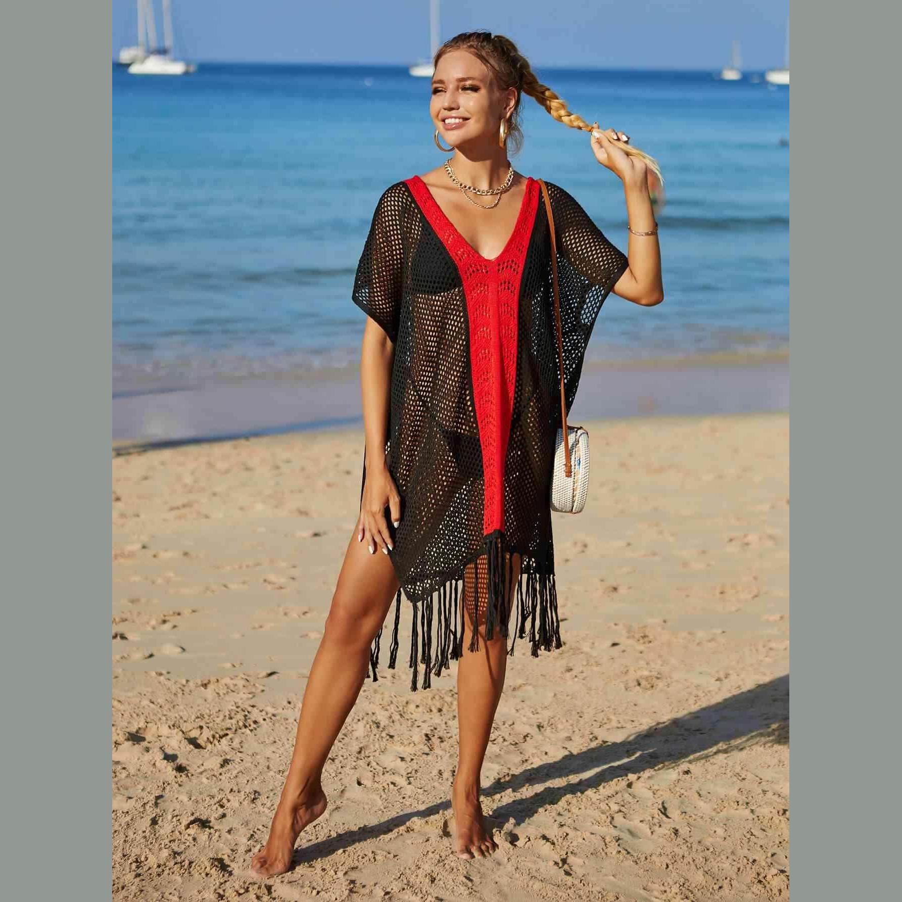 Contrast Fringe Trim Openwork Cover-Up Dress - VacationGrabs