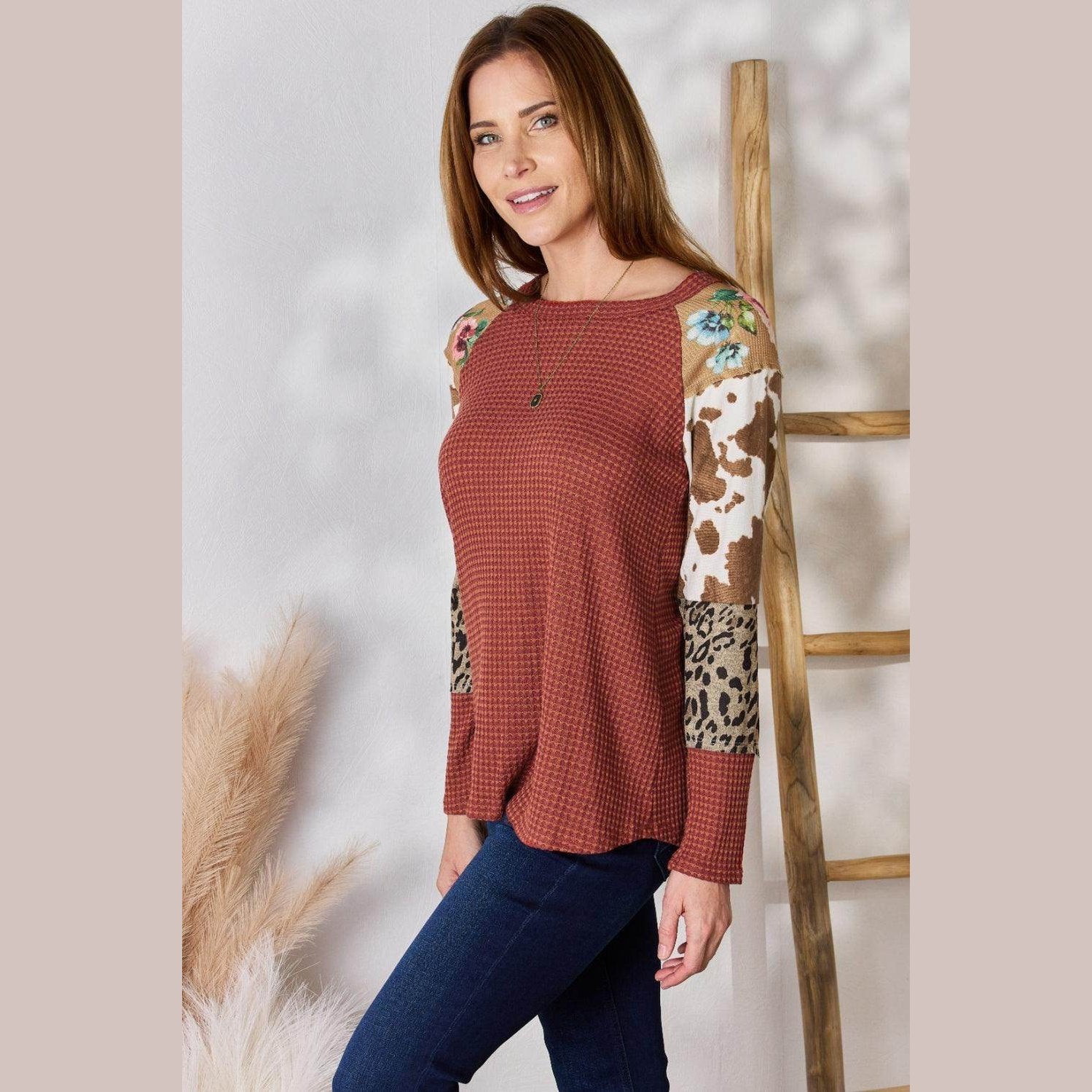 Hailey & Co Full Size Leopard Waffle-Knit Blouse - VacationGrabs