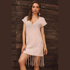 Fringe Hem Short Sleeve Deep V Cover Up Dress - VacationGrabs