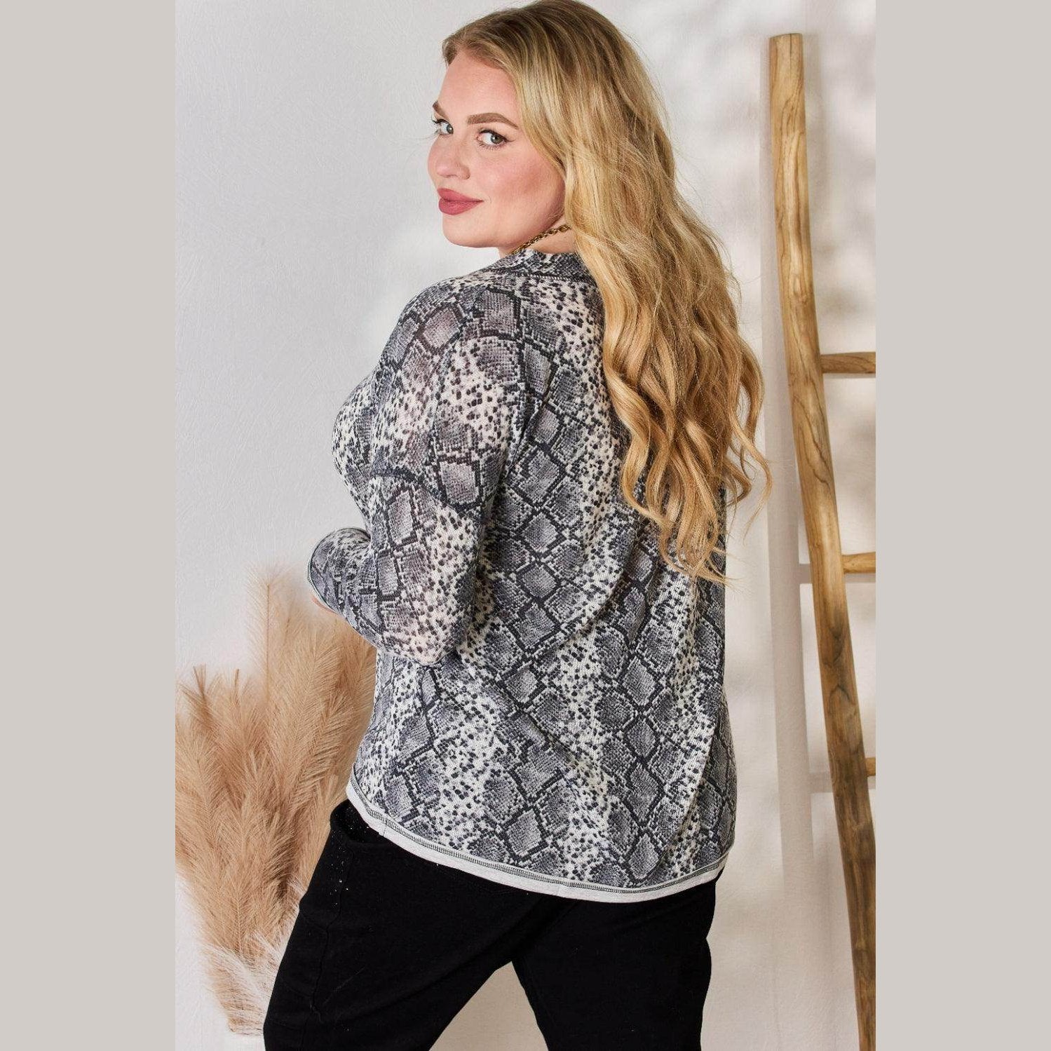 Hailey & Co Full Size Snakeskin V-Neck Long Sleeve Top - VacationGrabs
