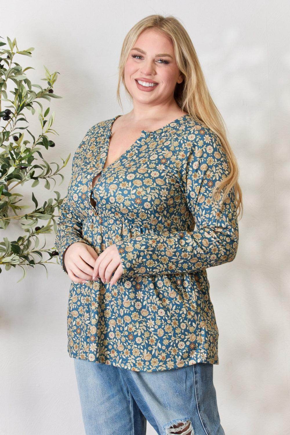 Heimish Full Size Floral Half Button Long Sleeve Blouse - VacationGrabs