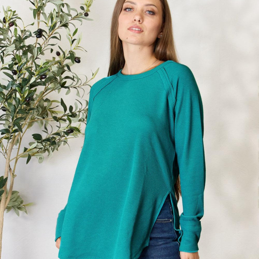 Women's Shirts Zenana Round Neck Long Sleeve Slit Top