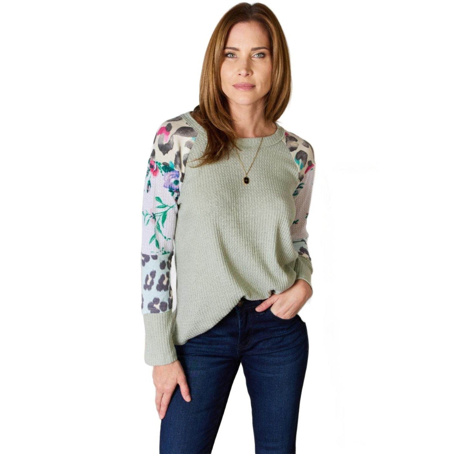 Hailey & Co Full Size Printed Round Neck Blouse - VacationGrabs