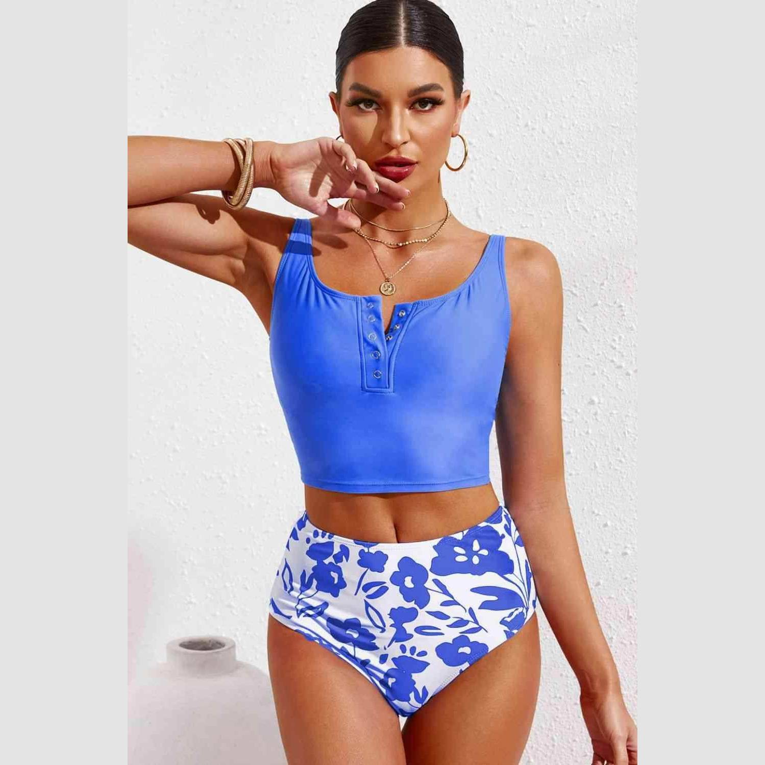 Half Snap Square Neck Tankini Set - VacationGrabs