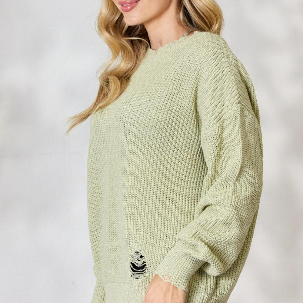 Women's Sweaters BiBi Distressed Round Neck Long Sleeve Sweater
