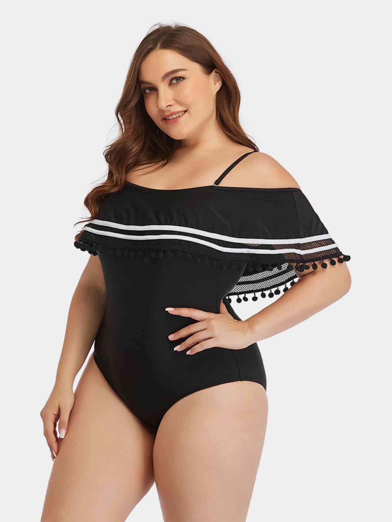 Women's Swimwear - 1PC Plus Size Striped Cold-Shoulder One-Piece Swimsuit