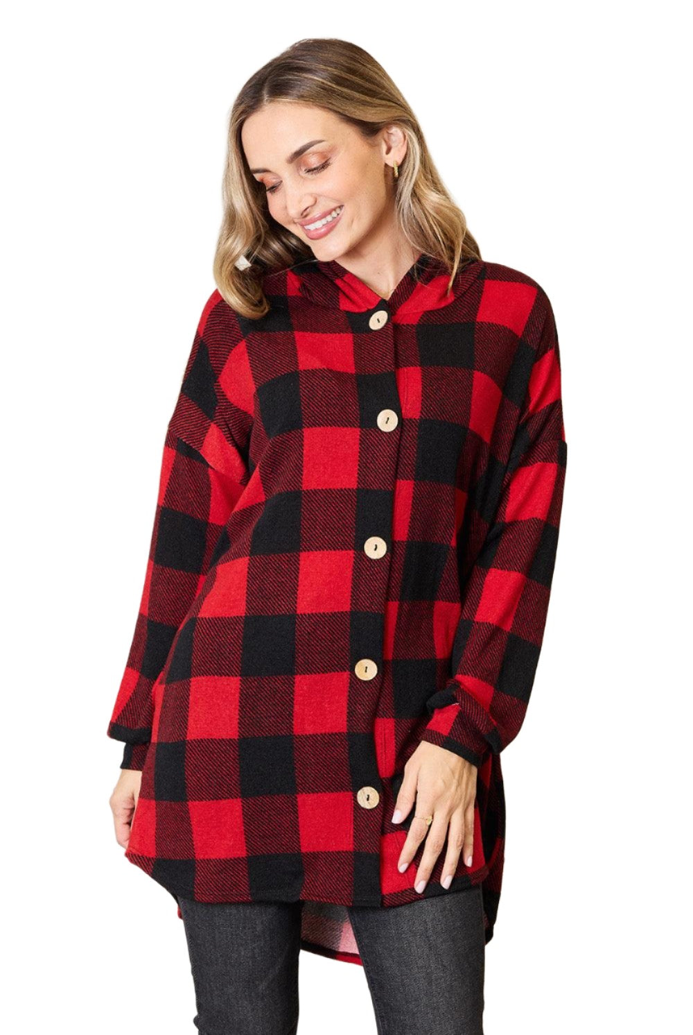 Women's Shirts Heimish Full Size Plaid Button Front Hooded Shirt