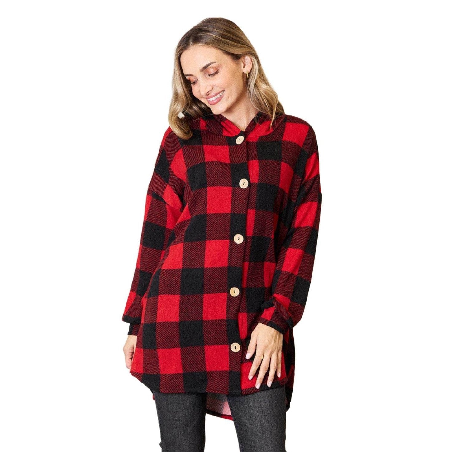 Heimish Full Size Plaid Button Front Hooded Shirt - VacationGrabs