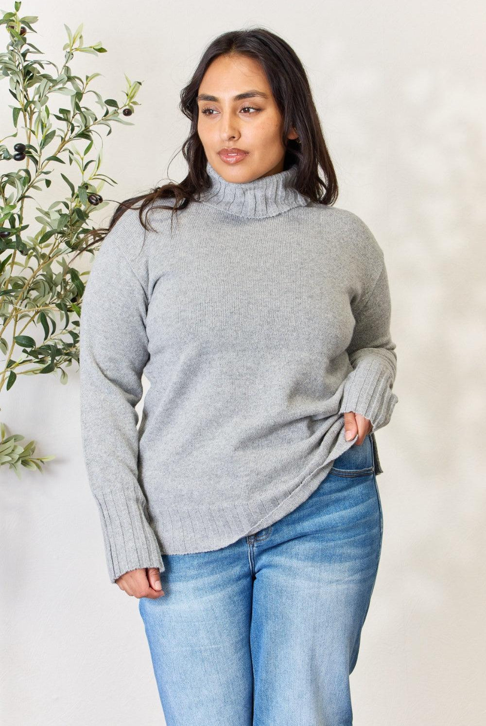 Women's Sweaters Heimish Full Size Turtleneck Long Sleeve Slit Sweater