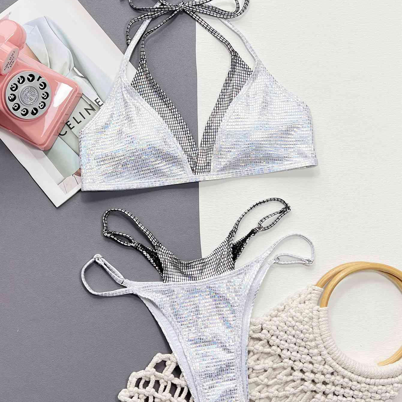 Women's Swimwear Faux Layered Halter Neck Two-Piece Bikini Set