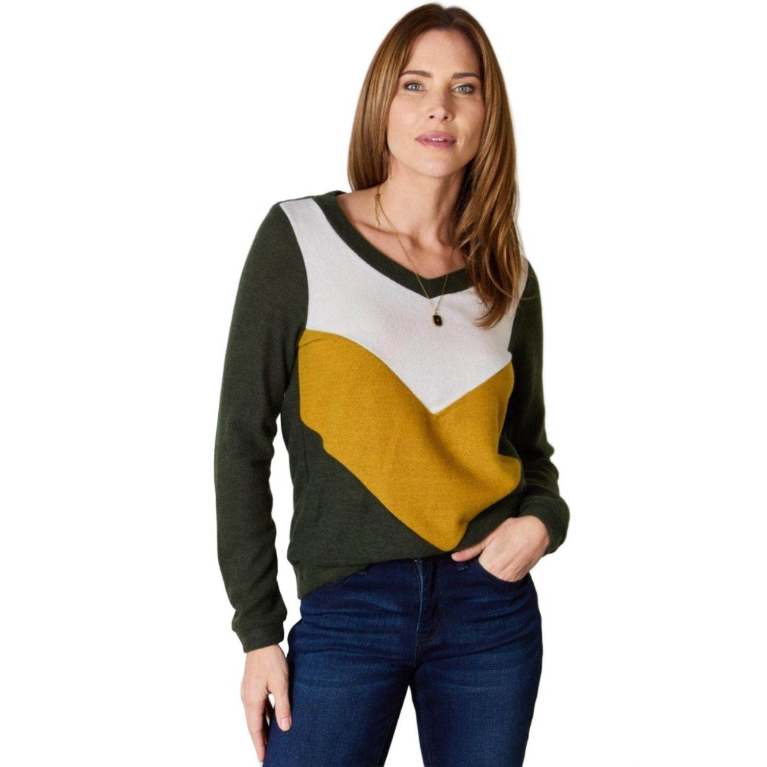 Hailey & Co Full Size Colorblock V-Neck Blouse - VacationGrabs