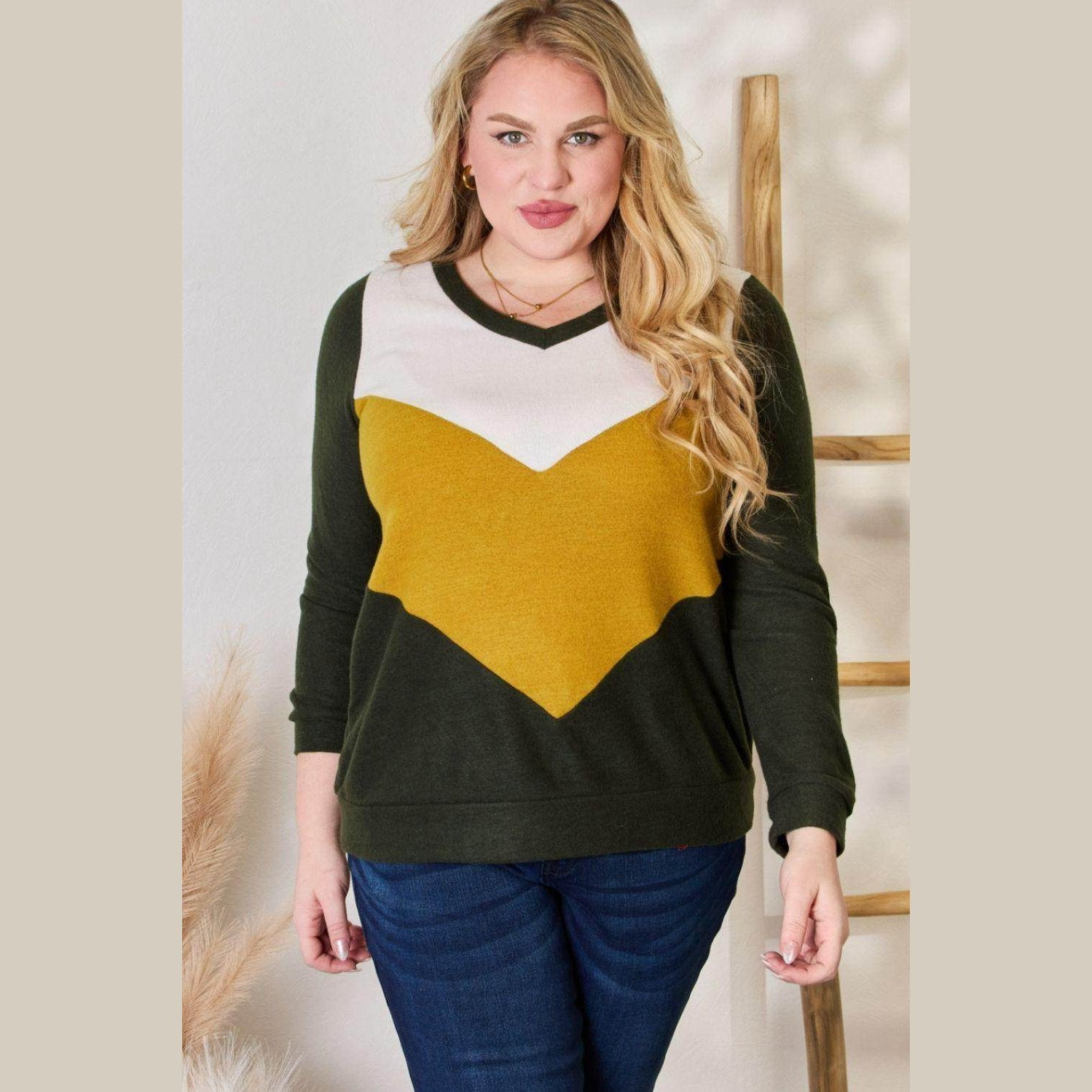 Hailey & Co Full Size Colorblock V-Neck Blouse - VacationGrabs