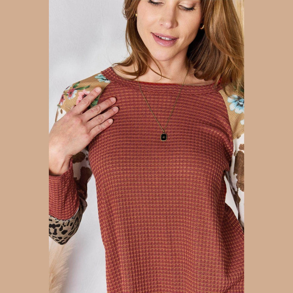 Hailey & Co Full Size Leopard Waffle-Knit Blouse - VacationGrabs