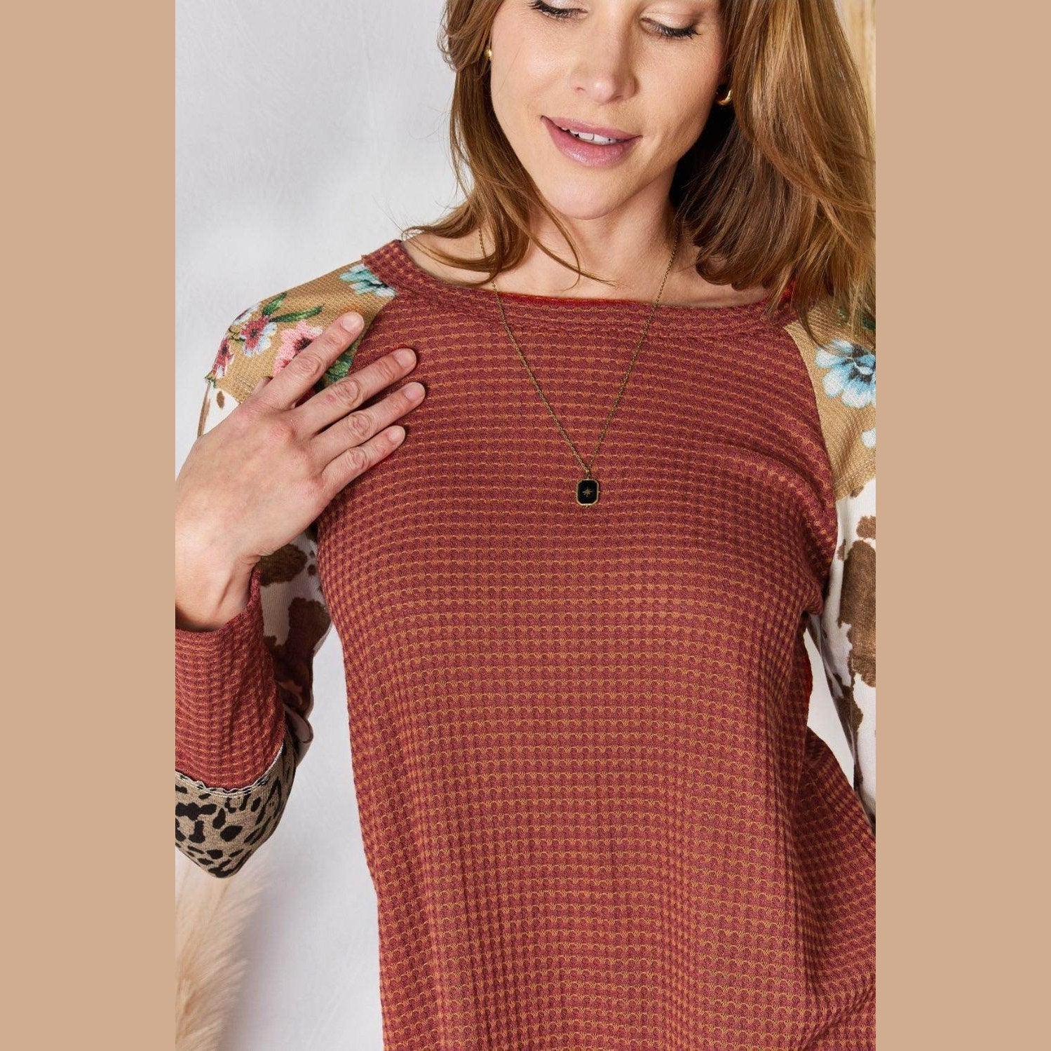 Hailey & Co Full Size Leopard Waffle-Knit Blouse - VacationGrabs