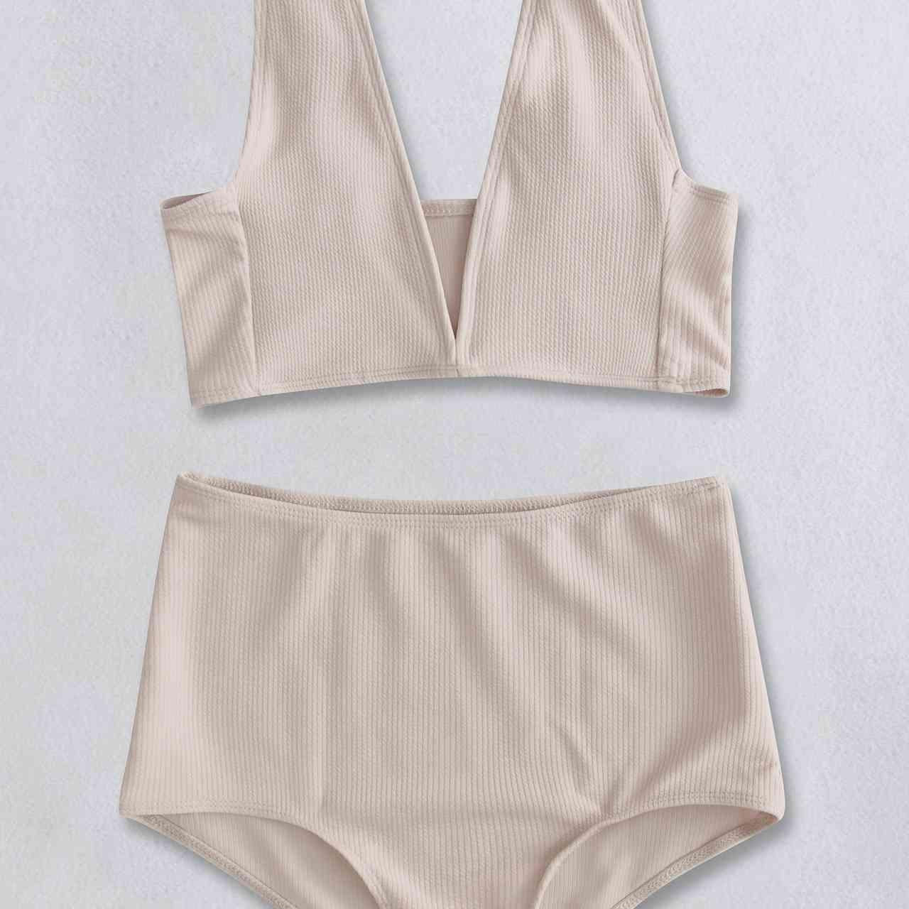 Women's Swimwear - 2PC Ribbed V-Neck Bikini Set