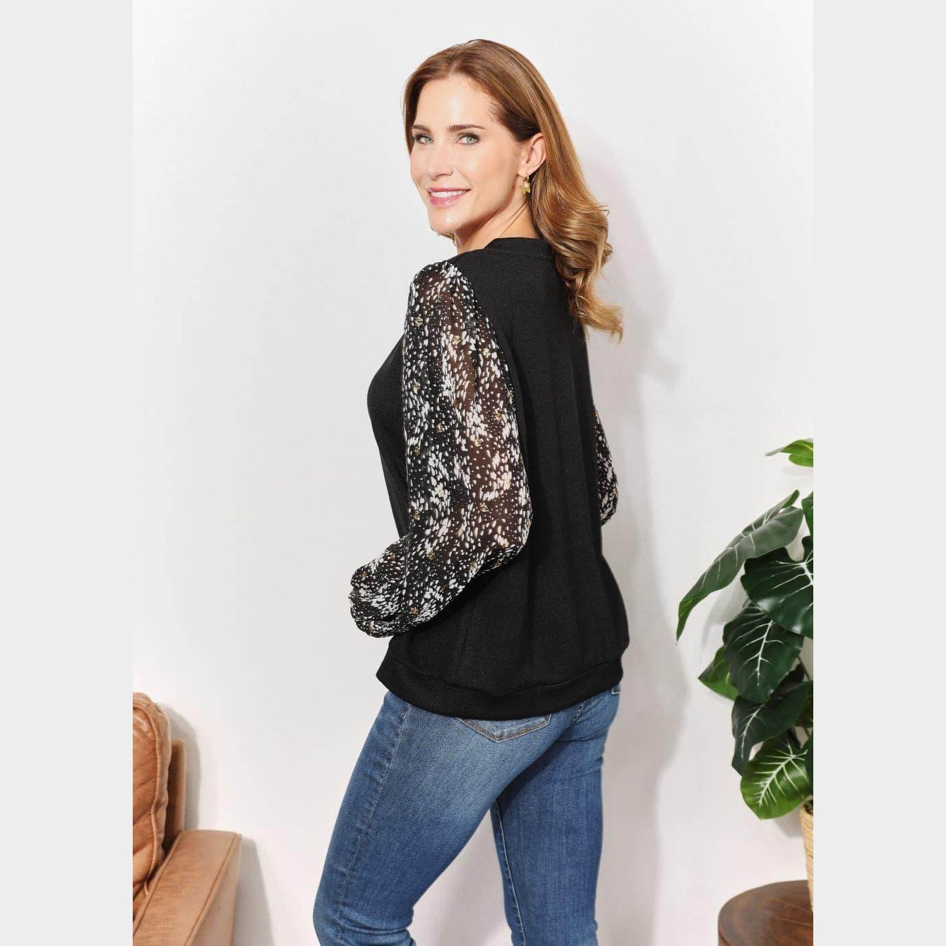 And The Why Full Size Foil Printed Sleeve Top - VacationGrabs