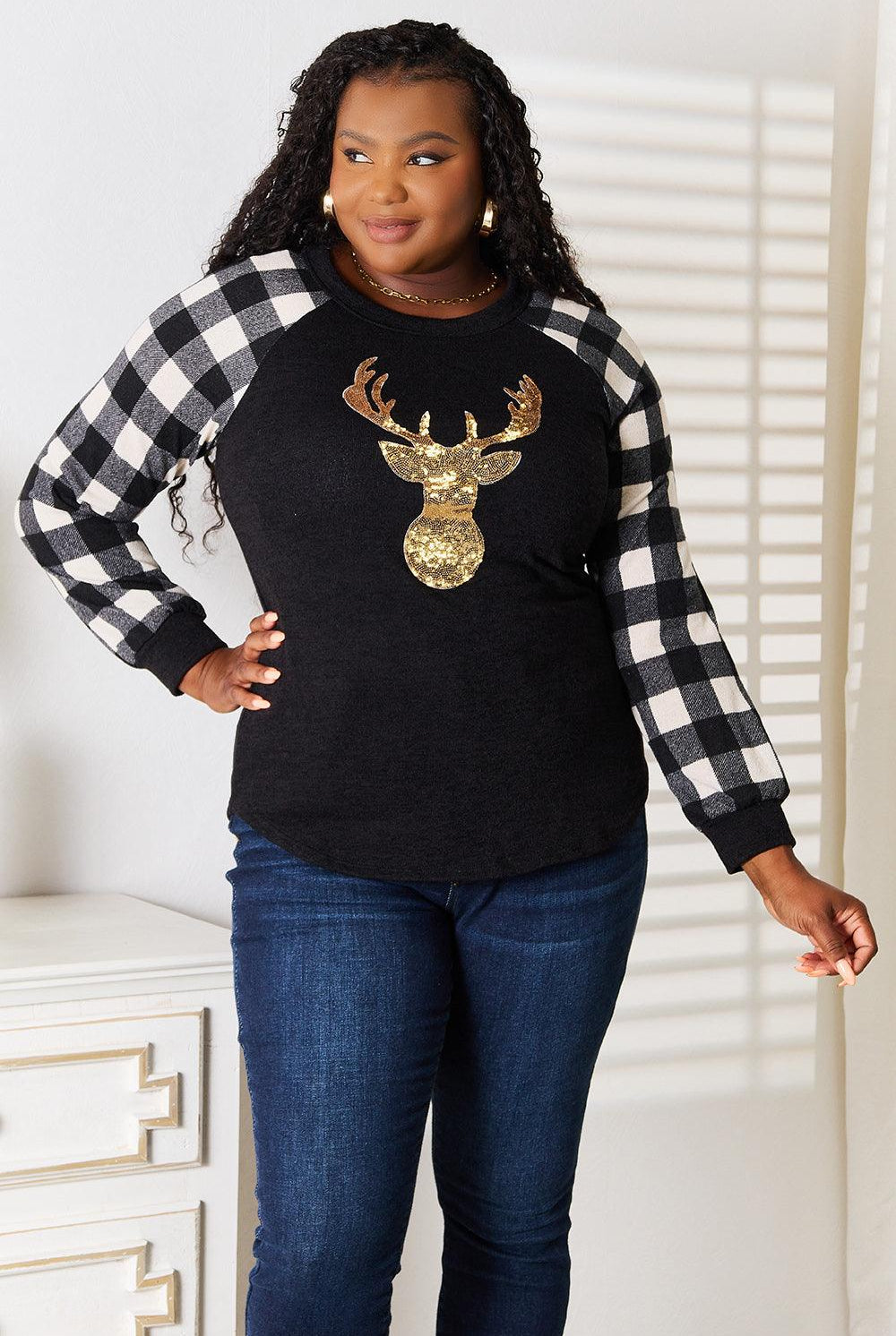 Women's Shirts Heimish Full Size Sequin Reindeer Graphic Plaid Top