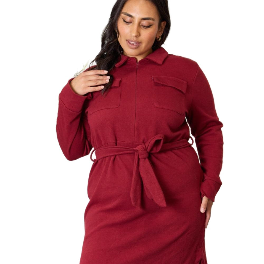 Women's Dresses Culture Code Full Size Tie Front Half Zip Long Sleeve Shirt Dress