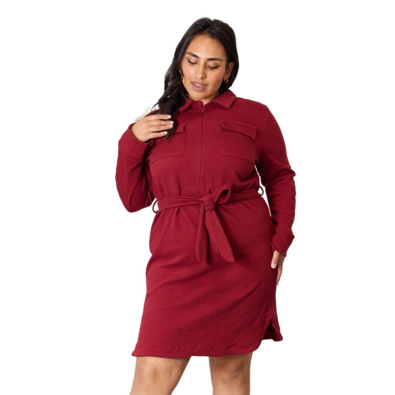 Culture Code Full Size Tie Front Half Zip Long Sleeve Shirt - VacationGrabs