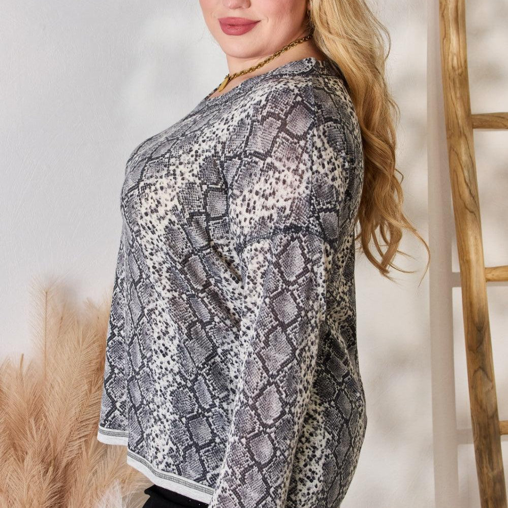Women's Shirts Hailey & Co Full Size Snakeskin V-Neck Long Sleeve Top