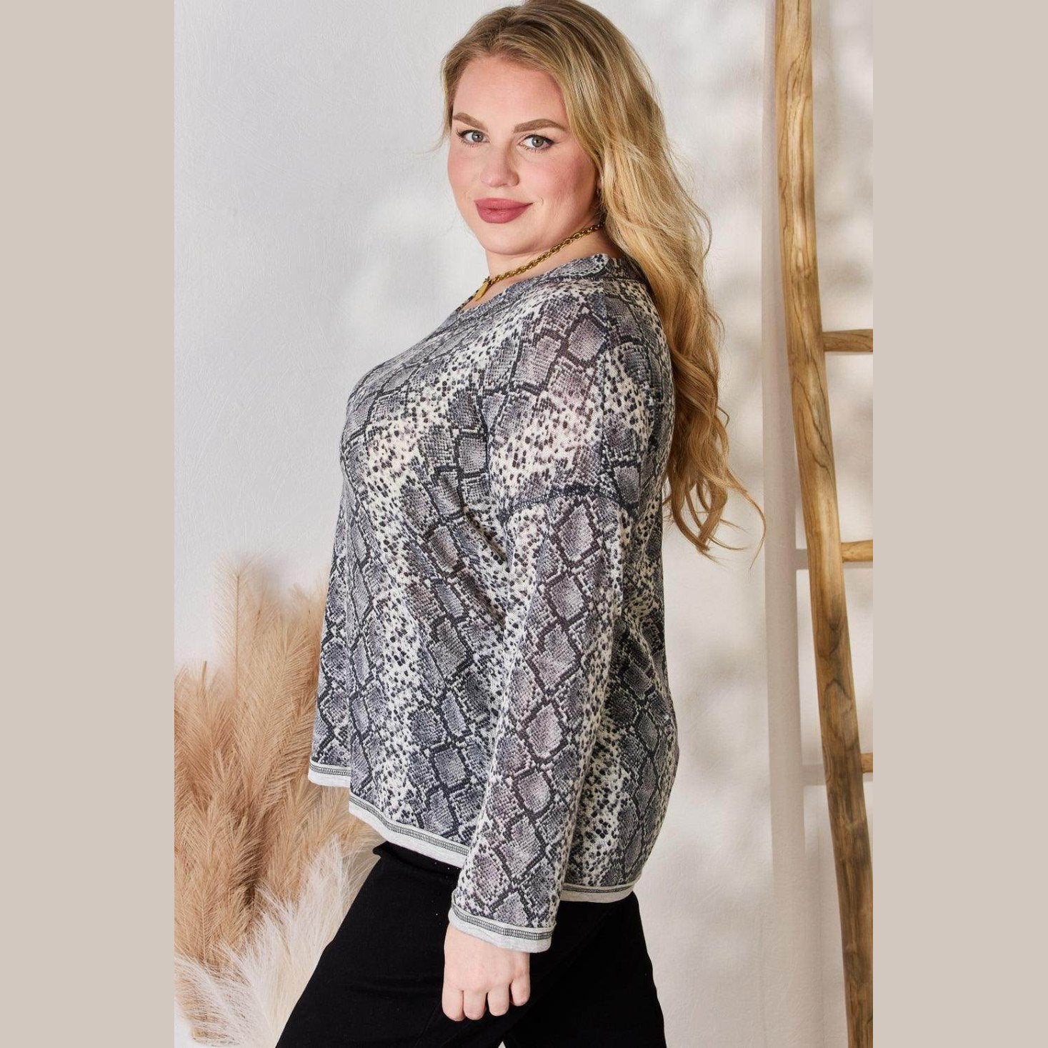 Hailey & Co Full Size Snakeskin V-Neck Long Sleeve Top - VacationGrabs